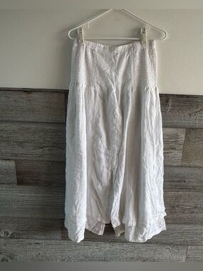 Cleopatra White Gauze Boho Wide Leg Pants Smocked Waist Embroidered Hem (C1)